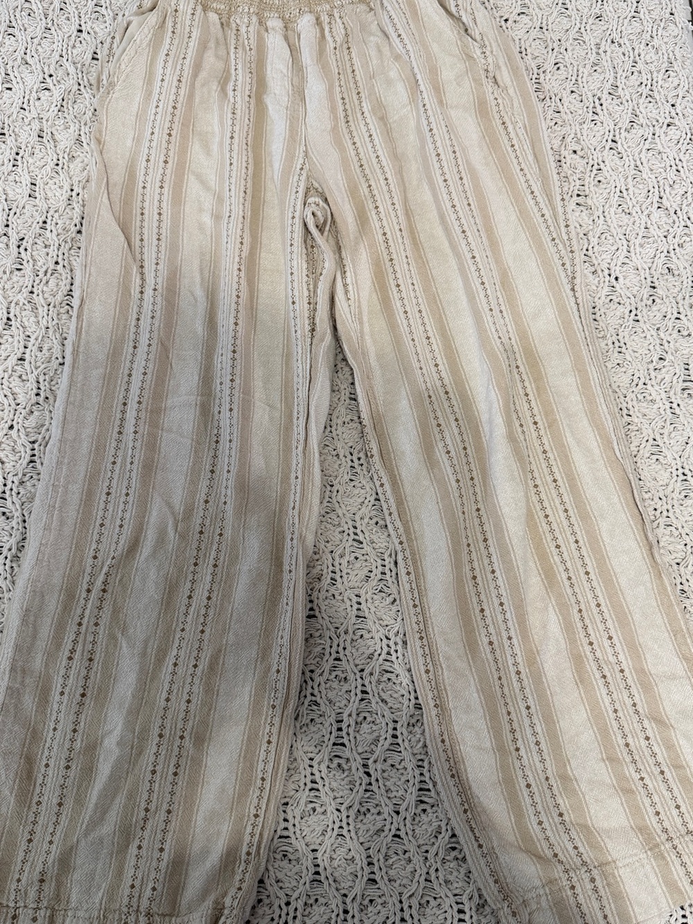 Briggs New York Beige & Cream Linen Striped Wide-Leg Pants